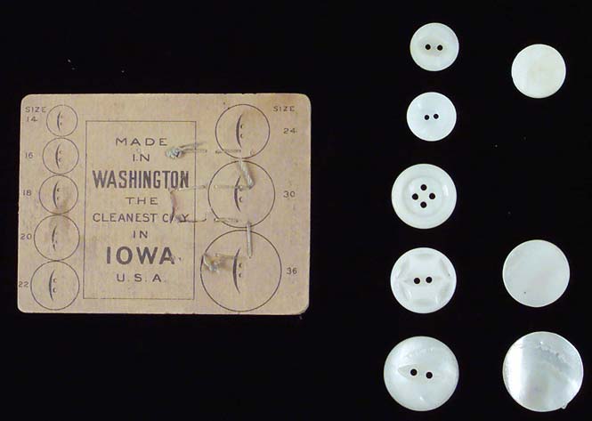 <B>Button Card </B>(reverse side) from a Washington, Iowa shell button factory on the Mississippi River. The numbered circles on the card show the various sized of buttons, which are measured in <i>ligne,</i>.