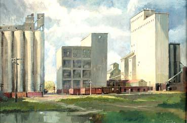 <B>Gary Sheahan</B><BR><i>Grain Elevators, Beardstown, Illinois</i><BR>1955<BR>Tempera on drawing board, 20 by 28 inches