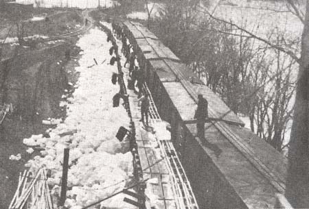 <b>Shipping Ice</b>.  Ice harvested from the bay at Beardstown was shipped out in box cars.  The town's natural ice industry ended with the introduction of the first artificial ice plant in 1907.