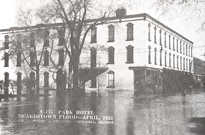 <b>The Park Hotel</b>, Beardstown, Illinois, during the flood in April, 1922.  The Hotel stood on the corner of 2nd and Washington Streets.