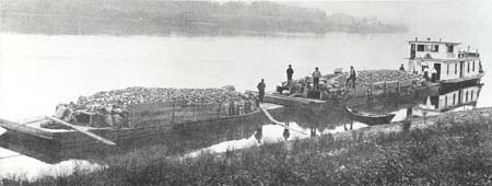 <b>Barges of Mussel Shells</b><br>Shell buyers would travel up and down the river buying shells from the commercial musselers at their camps.