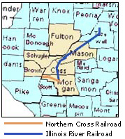 <b>Map of the Northern Cross and Illinois River railroad lines</b>.