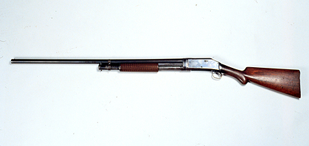 <b>Winchester 1897</b>slide action shotgun. Winchester Repeating Arms Company.               New Haven, Connecticut, USA.<br>Pat. Nov. 25.90, Dec.5.92, July 21.9.96, Feb 22.98, June 14.98,               Oct.18.1900.<br>steel, walnut wood, serial #266289<br>Illinois State Museum Collection Gift by Thorne               Deuel