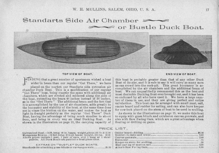 <b>Catalog page for Bustle duck boat</b>. W. H. Mullins boat company, 1899. More information on the Mullins Boat company is available from the <a href=