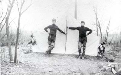 <b>First Duck Hunting Camp in Willows on Anderson Spring Branch, 1904</b>.  T.M. Yates and P. Hatch, age 19.