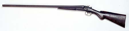 <b>Double barrel shotgun</b>marked T. Barker.  No. 188.<br>Seized during the Taylorville Mine Wars.<br>Illinois State Museum Collection.