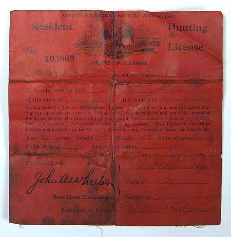 <b>1907 Illinois Hunting License</b> issued to W. C. Bridgewater. <br>Expiration date June 1, 1907.<br>30 years old, 5'9