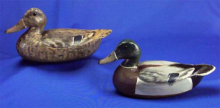 <b>Pair of Mallard Decoys</b>, circa 1930-40.  <br>Made by John (Newt) Rule.  <br>White pine, 6 1/2 inches high by 13 3/4 inches long.<br>Illinois State Museum Collection (1964.4, 798979-drake, 798980-hen). <p>John (Newt) Rule (1870-1949) was a professional market hunter and hunting guide, decoy and duck call maker, originally from Petersburg, Illinois, who moved west to Beardstown and leased 540 acres on Muscooten Bay and marsh to run a duck hunting club he called Tree Top Lodge.  The club house consisted of a decrepit paddlewheeler.  In addition to hunting duck in the spring and fall, Rule ran a traveling shooting gallery in the summer, and, in Florida every winter, hunted alligators, bass and saltwater fish.</p><p>He produced more than 75 dozen decoys in forty years of carving.  Most of his birds were mallards and pintails made of white pine, with glass eyes.  His style featured cheeky heads, which were of questionable success, after baiting of ducks was made illegal.