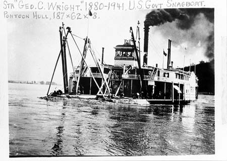 <b>Dredge Boat</b>, 1939.<br> Dredge boats were used to keep the channels open to a navigable depth by moving built up silt.<br>Meredosia River Museum Collection <br> Donated by Howard Edlen