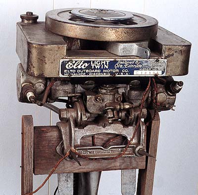 <b>Elto Light Twin Outboard Motor</b>,  Elto Outboard Motor Company, Milwaukee, Wisconsin, ca. 1921-1926<br>Aluminum,  motor no. C16131  <br>Design by Ole Evenrude<br>Meredosia River Museum, Meredosia, Illinois.<br> On loan from John W. Petri.