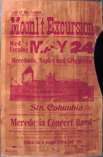 <b>Poster for Moonlight Excursion</b> on the steamer Columbia, 1916. <br> Meredosia River Museum Collection.