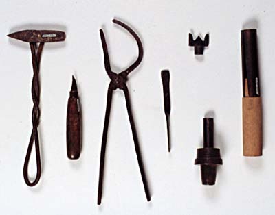 <b>Button Cutting Tools</b>. <br> Jake Wolf Fish Hatchery Collection, Topeka, Illinois.