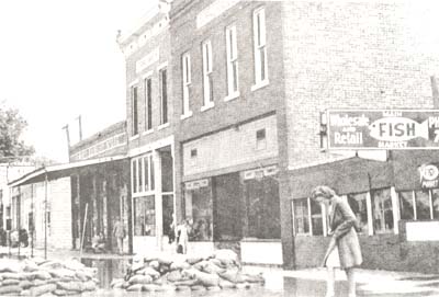 <b>Main Street, Meredosia</b>, 1943.  Doris Steinberg crosses in front of the Kappal Building and Bob Edlen's Fish Market.