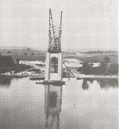 <b>Bridge Under Construction</b> at Meredosia in November of 1936.  Local men, such as Warren Edlen, worked jobs created by the construction.