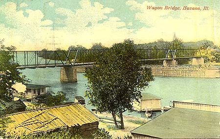 <b>Wagon Bridge off of Adams Street</b>, Havana, Illinois.  Postcard illustration.
