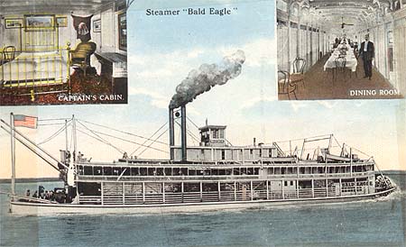 <b>The Bald Eagle</b>.  Postcard illustrating the steamer, the captain's cabin and the dining room.