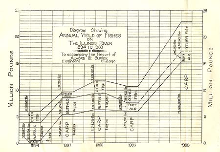 <b>Annual Yield of Fishes on the Illinois River, 1894 to 1908</b>.