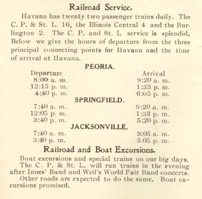 <b>Railroad Service to Havana</b> from the brochure for the 1908 Illinois State Epworth League Chautauqua.