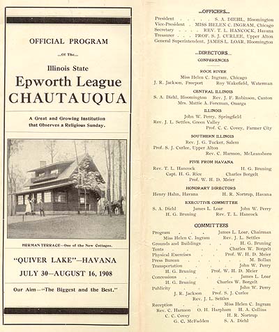 <b>1908 Illinois Epworth League Chautauqua</b> at Quiver Lake, near Havana, Illinois.<br>Program cover.  Entire program in enlargements.