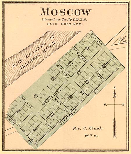 <b>Moscow on the Illinois</b>, Bath precinct, 1891 plat. This area is the south part of Bath, Illinois. The original town of Moscow (1836-1859) dissipated. In 1902 the Moscow Bay Company duck hunting club was founded there by  fifteen men.