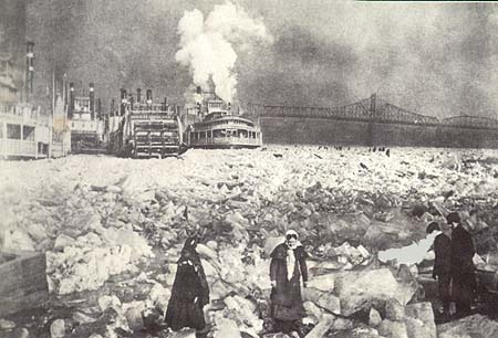<b>River Ice</b>. Riverboats in the winter had to stop running when ice became too thick.