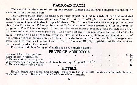 <b>Railroad Rates</b>, admission and accommodations for the 1897 Havana Chautauqua Assembly.  Taken from the official program.