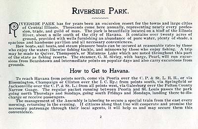 <b>Come to Havana</b>.  The 1897 program for the Havana Chautauqua Assembly touts the amenities of Riverside Park and recommends railroad routes to Havana.