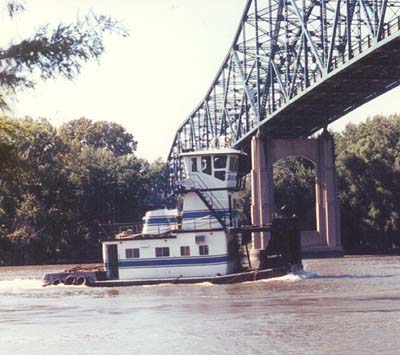 <b> A Tow boat Under the Scott W. Lucas Bridge</b> at Havana, Illinois.