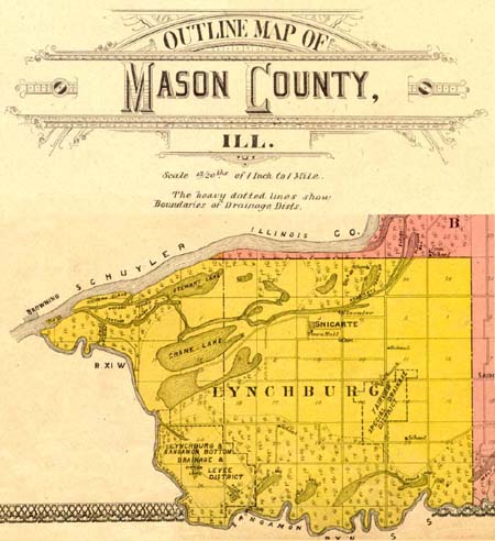 <b>Lynchburg</b>.  Plat map of Mason County along the Illinois River.  Includes Crane Lake, Stewart Lake and Snicarte Slough.