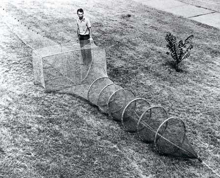 <b>Hoop Net System</b>.  The hoop net is augmented with a wing net extending out the front, to direct the fish into the trap.