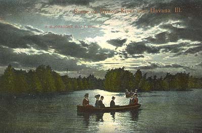 <b>Moonlight Boat Ride</b>.  Postcard of a boat ride on the Illinois River at Havana.