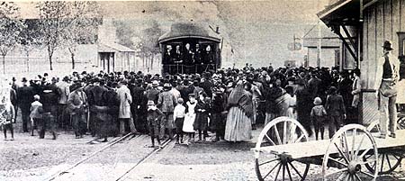 <b>C.P.&St.L. Depot</b>.  A political rally at the Chicago, Peoria, and St. Louis Railroad depot in Havana, Illinois during the late 1890s.<p>Mason County Democrat Bicentennial issue, 1976.