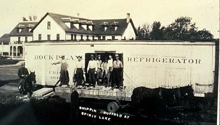 <b>Refrigerated Box Car</b><br> These cars were filled with ice blocks insulated with sawdust, then packed with smallmouth buffalo fish in New York Boxes. The ice lasted long enough to allow shipping as far away as Ohio, Pennsylvania, and New York when the weather was mild. Live fish were also transported in train cars fitted with large tanks of water flanked by ice blocks.
