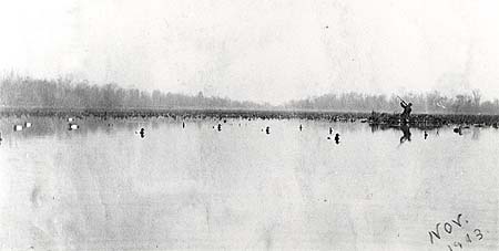 <b>Shooting over Decoys</b>, November, 1913.  Man in the boat is T. M. Yates.