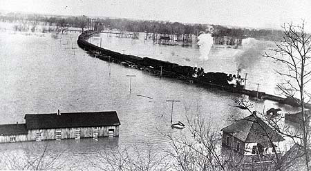 <b>Train in High Water</b> at Valley City, circa 1903-1920.<br> Valley City is south of Meredosia.