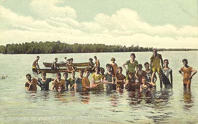 <b>Bathers in Quiver Lake</b>, Havana, Illinois.  Postcard.