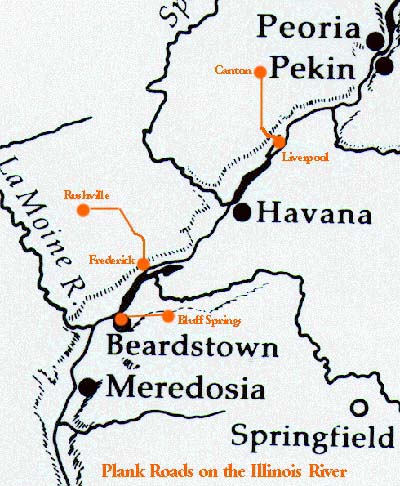 <b>Plank Road Map</b><br> In the 1850s, between Liverpool and Meredosia, Illinois there were three plank toll roads built as local improvements to move goods and people.