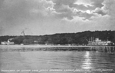 <b>Moonlight on Quiver Lake</b>, State Epworth League, Chautauqua, Havana, Illinois. Postcard.