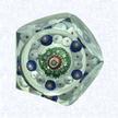 Pentagonal Miniature MillefioriFranceClichy, circa 1845-55Diameter: 4.5 cm (1 3/4 inches)(702393)Miniature pattern millefiori weight with blue, green, and red millefiori canes, including ten white Clichy roses in the outermost ring; sides cut with five circular printies, one on top