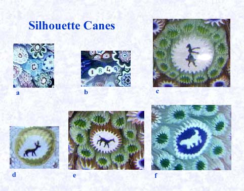 This graphic illustrates a few of the silhouette canes that appear in millefiori paperweights; a selection from the Barker Collection.<BR><BR><B>a.</B> a Clichy signature cane<BR><B>b.</B> an 1849 date cane<BR><B>c.</B> a dancing girl silhouette<BR><B>d.</B> a hare silhouette cane<BR><B>e.</B> a prancing horse silhouette cane<BR><b>f.</B> a spaniel dog silhouette cane