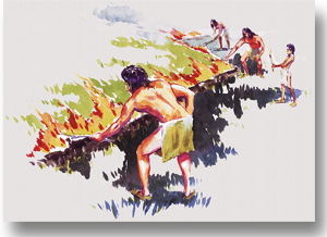 painting showing Native Americans burning a prairie