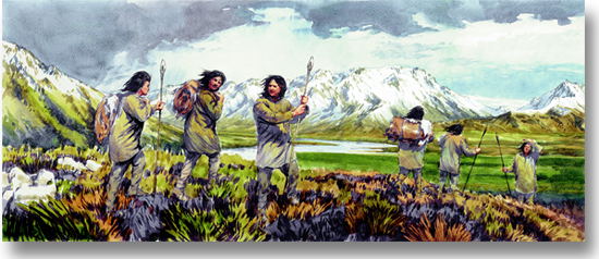 Painting illustrating Native Americans hunting on the tundra