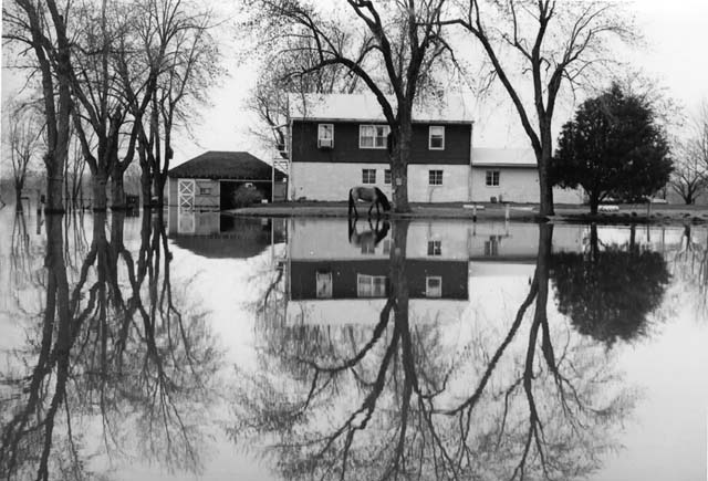 <B>Reflections in the Floodwater</B> as the Illinois River rises onto the yard of this farm near Beardstown, Illinois