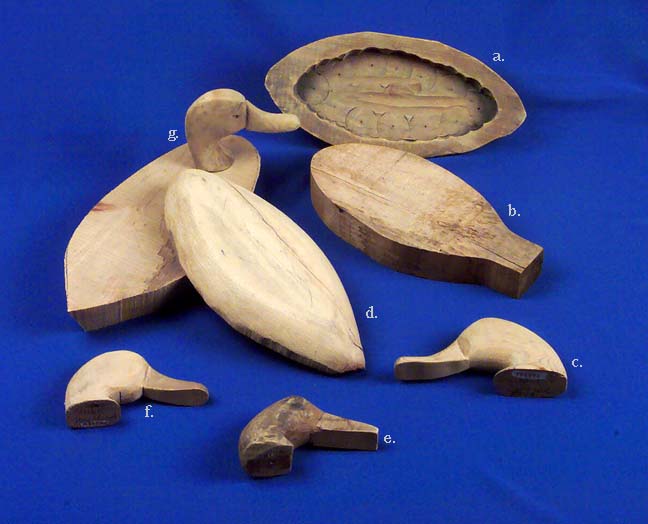 <b>Carved Parts of Wooden Decoys.</b><br>Illinois State Museum Collection<br>a.  Lower body, hollowed out.<br>b.  Rough-cut, 2" x 6" x 12" (798890)<br>c.  Fred Mott Mallard head (798887)<br>d.  Partly carved bottom half (798891)<br>e.  Partially finished head<br>f.  Fred Mott bluebill head (798889)<br>g.  Fred Mott Jr. &quotSprig