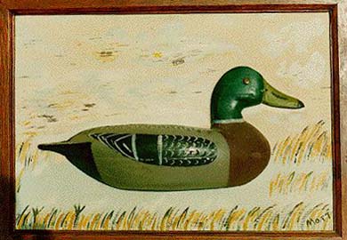 <b>Framed Half Decoy Painting</b><br>Split mallard drake by J.F. Mott, Sr. (1966-1934), dated 1905 mounted on a painting by John Fred Mott, Jr. (1893-1976), dated 1964.<br> Gift of Gerald Junker (98.10.10)<br>Lakeview Museum of Arts and Sciences Collection, Peoria, Illinois.
