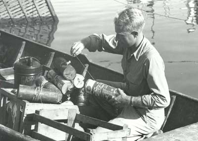 <b>Jug Fishing</b> <br>Long lines with hooks are tied to cans or jugs and baited.  These are placed in an area with little current where they float freely.  Jugs with fish on the line can be seen bobbing or 