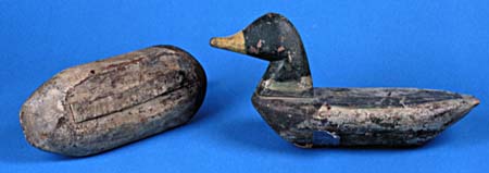 <b>Mallard Decoys</b>. <br> Wood<br>"WH" carved on shoulder.  <br>Carved by William Hauser.  <br>Courtesy of John Yeakel, Mt. Sterling, Illinois.