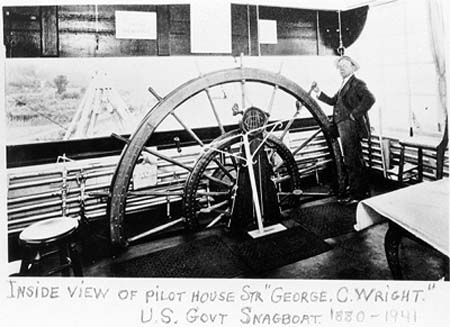 <b>Str "George C. Wright"</b>U. S. government Snagboat, circa 1880-1941<br>Inside view of the pilot house of a snagboat, which removed navigational hazards, such as dead trees, from the river.<br><Meredosia River Museum Collection.