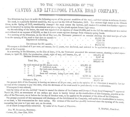 <b>Canton to Liverpool Plank Road</b> message to stockholders.