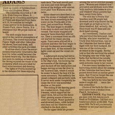 <B>The Wreck of the Excursion Boat, the Columbia</b>.  A newspaper article describing the sinking of the excursion boat near Peoria, Illinois.